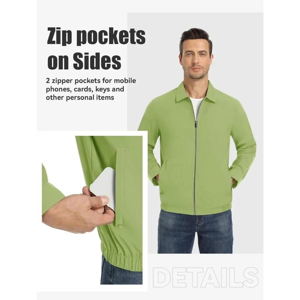 Men's Stylish Jackets Coat Gray Olive Green Lightweight Casual Zip Pockets Golf